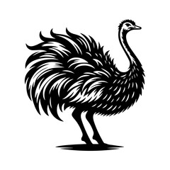 Black and white vector ostrich logo on a white background.