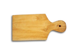 A rustic wooden cutting board with a handle, isolated on a white background.