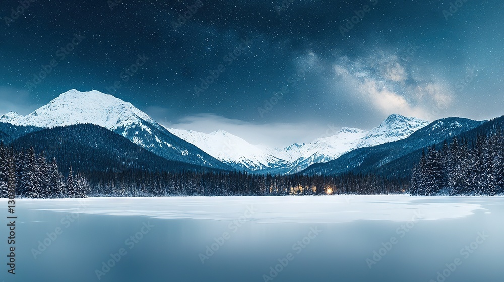 Poster a stunning image of a mountain range with a clear lake in the foreground and a star-studded sky in t
