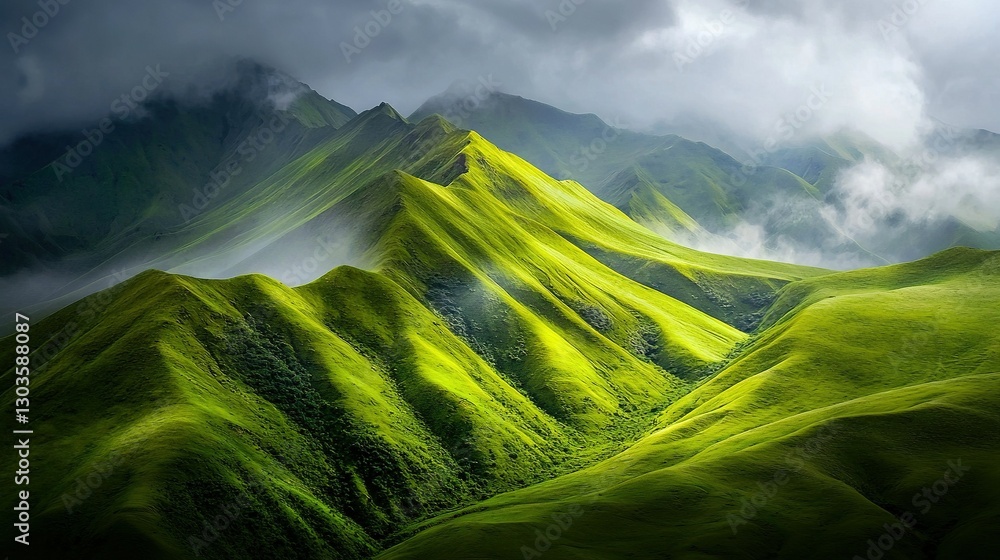 Poster a green-covered mountain range appears in the foreground while distant clouds loom above