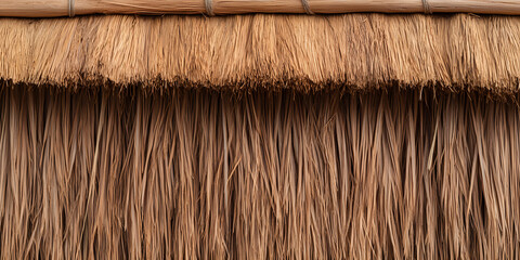 Detail of a thatched roof showing the texture and pattern of natural materials used for roofing, showcasing traditional building techniques.