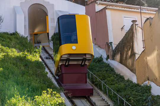 Graca Funicular. A modern cable car recently opened. A free lift to reach the viewpoint of Graca. Lisbon, Portugal. 26 February 2025. 