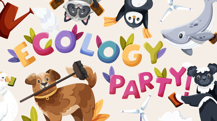 Fototapeta premium Colorful illustration with animals and birds grouped around the bold colorful text, representing unity and care for the environment, ecology banner, vector illustration on a beige background
