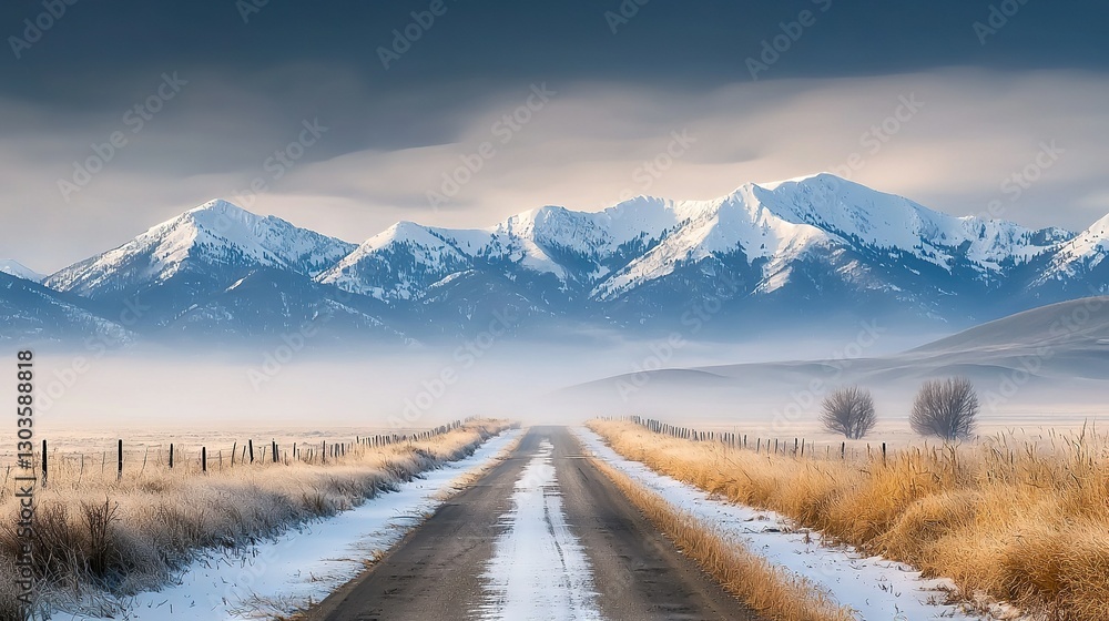 Aufkleber a snow-covered mountain range in the background with a road in the foreground and a field in the for