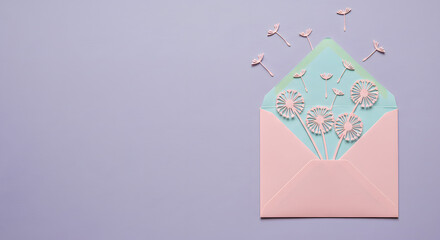 Delicate Dandelion Paper Art in Pink Envelope on Soft Pastel Purple Background