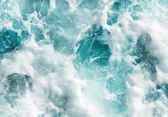 Fototapeta premium Turquoise Ocean Waves with Foam and Bubbles Captured in a Dynamic and Lively Seascape During a Bright Sunny Day