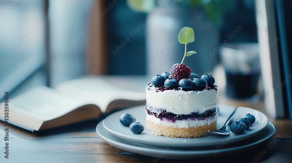 Poster close-up of a cake on a plate on a table with book and vase in the background