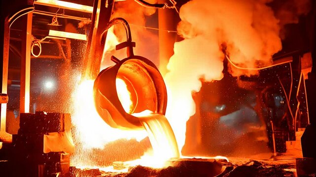 Liquid steel is poured from a metallurgical ladle, ai generated