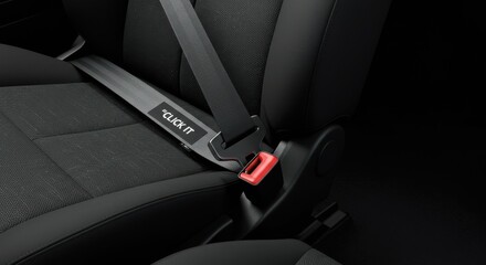 Close-up of a car seat showcasing a fastened seatbelt emphasizing safety and security for the occupant.