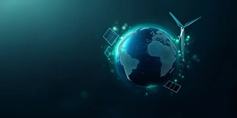 Fototapeta premium Digital illustration of Earth showcasing renewable energy innovations and global connectivity in a futuristic style