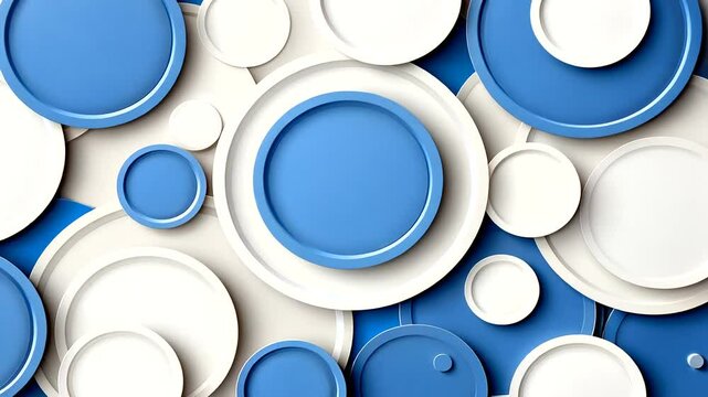 Abstract arrangement of blue and white circular plates on a vibrant background