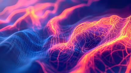 A close-up view of a neon wireframe structure, revealing the subtle variations in color and intensity of the glowing lines. Intensity - Volcano. Illustration
