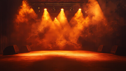 A dimly lit stage with warm, orange spotlights and a smoky atmosphere, creating an inviting ambiance for a performance. Intensity - Volcano. Illustration