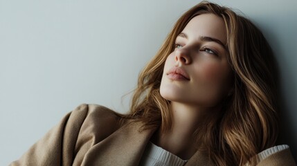 Naklejka premium Serene woman with tan coat gazes up; light brown wavy hair, soft lips, and natural makeup in a thoughtful pose