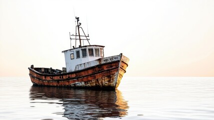 Obraz premium Old Fishing Boat Wreck with Rusting Hull Anchored in Calm Waters at Sunrise