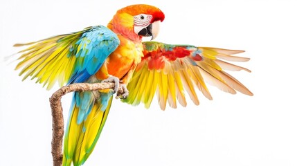 Obraz premium Radiant Macaw Showcasing Vibrant Plumage and Perched Elegantly Against a Bright Backdrop
