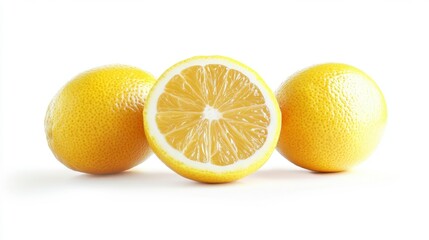 Refreshing Citrus Trio: Two Whole Lemons and One Half Slice Isolated on White Background, Highlighting Texture and Freshness