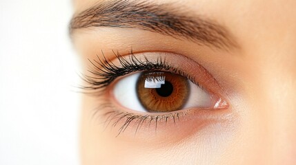 Obraz premium Close-up of a beautiful brown eye with long lashes, showcasing clear skin and perfect eyebrow shaping for cosmetic beauty purposes.
