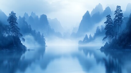 Fototapeta premium Misty mountain lake landscape, tranquil morning view, serene nature
