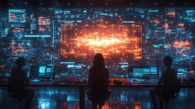 Modern High-Tech Data Center with Digital Displays and Multiple People Analyzing Information. Generative AI