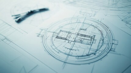Architectural blueprint of circular building design, papers