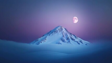   Snowy mountain beneath pink moon; blue-purple sky overhead