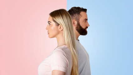 A married couple stands back to back, expressing tension and unresolved issues in their relationship. The background features contrasting colors, symbolizing their emotional divide.