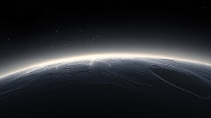 Fototapeta premium Serene View of Earth’s Curvature Illuminated by Sunlight Against a Starry Background in a Cosmic Atmosphere