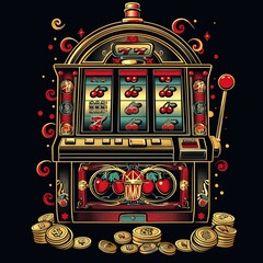 Classic vintage slot machine with red and gold hues, overflowing coins, and a winning combination