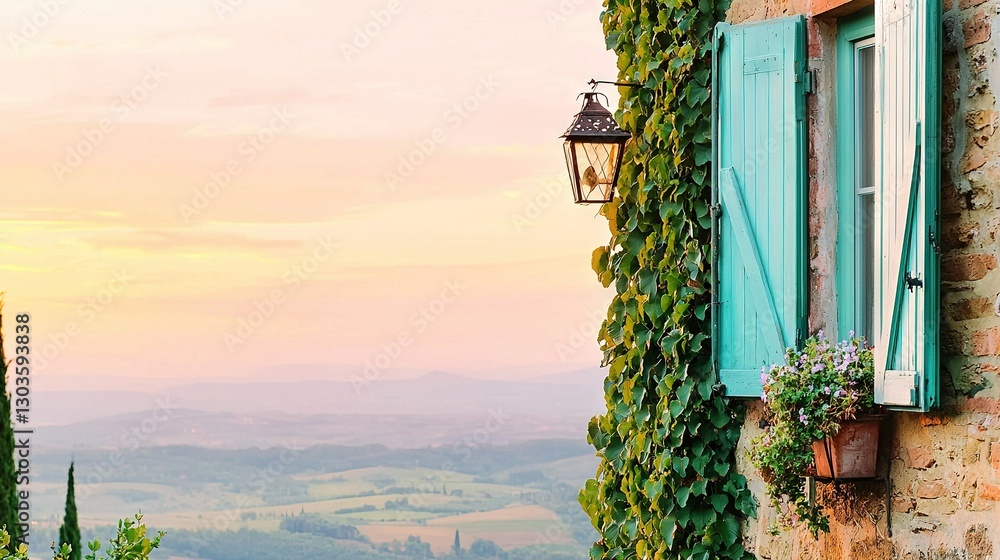 Poster a window with blue shutters and a lamp on the side of a building with vines growing up it