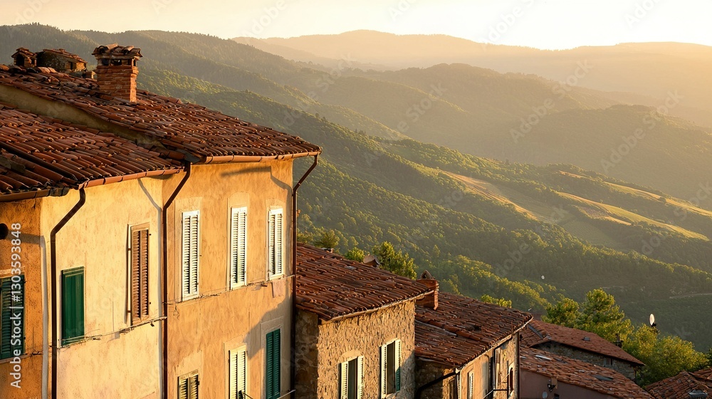 Poster a view of a town with mountains in the background and buildings in the foreground, featuring shutter