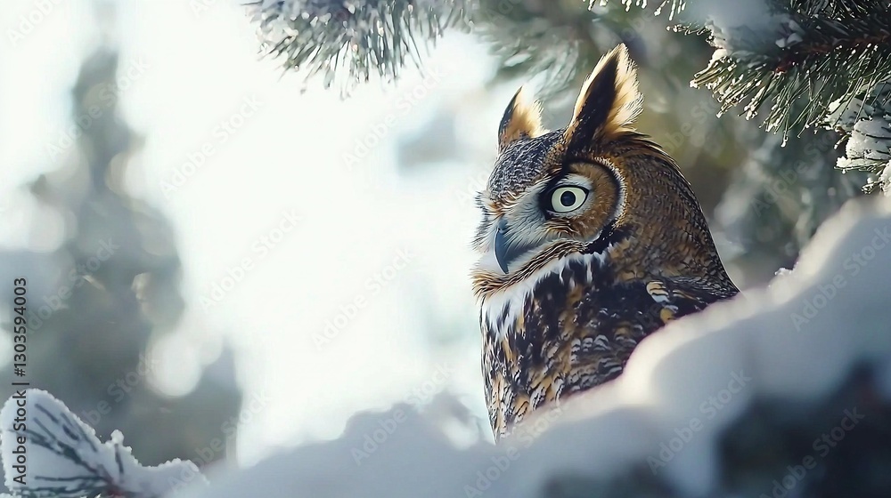 Poster a close-up of an owl on a snowy tree branch amidst tall trees in the background