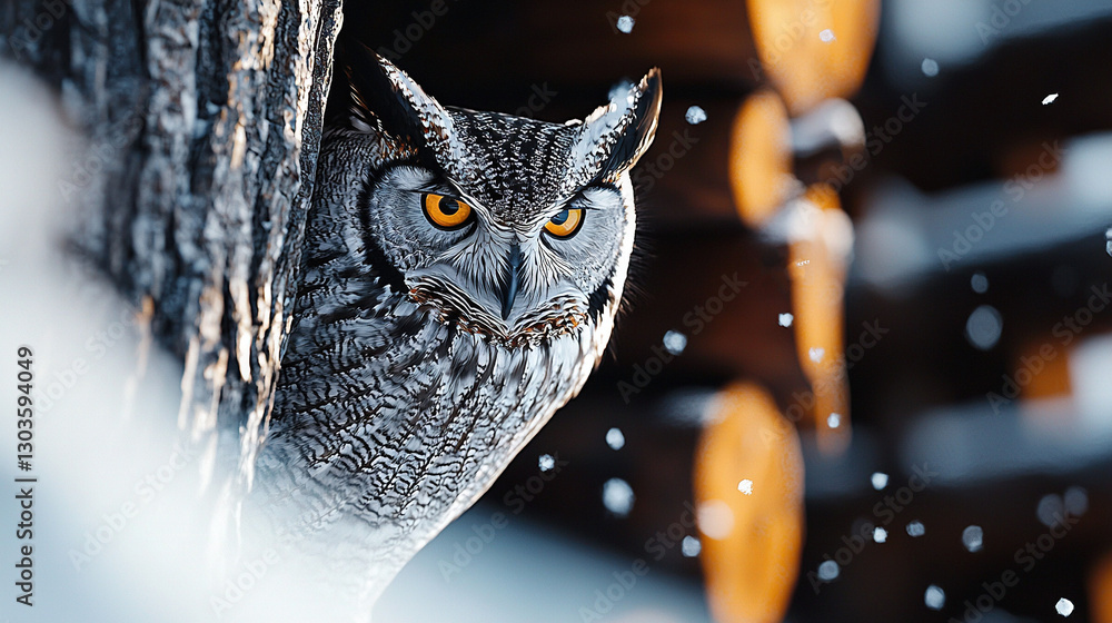 Poster owl face on tree trunk with snow background