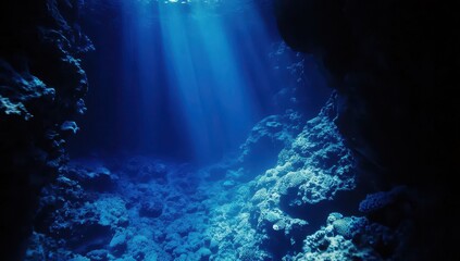 Underwater Scene with Sunlight Shining Through Ocean Water, Coral Reefs Beneath the Surface, Deep Blue Sea Environment, Tranquil Ocean Atmosphere