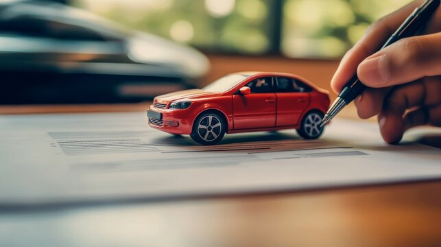 Signing Car Insurance Red Car Model on Contract, insurance, auto