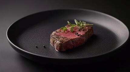 Rare Steak on Black Plate, Herbs, Delicious ,Meat