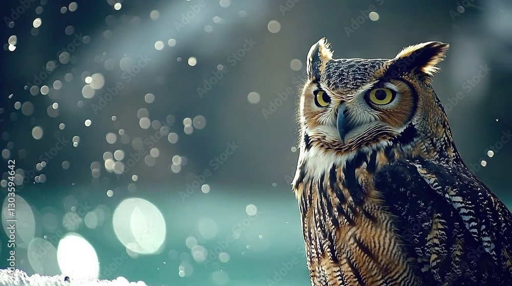 Poster an owl perched by a water source surrounded by snow-covered terrain in the foreground with a slightl