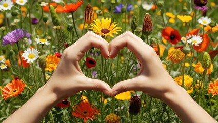 Hands in the shape of a heart on a background of flowers.