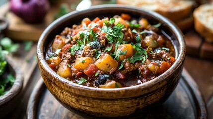 Hearty Beef and Potato Stew in Wooden Bowl with Parsley Garnish, Comfort Food, Chili