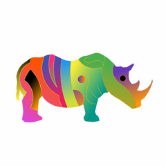 A colorful rhinoceros with an abstract design, featuring curved patterns and color gradients for a dynamic look. The minimalist details maintain the recognizable shape of a rhino.
