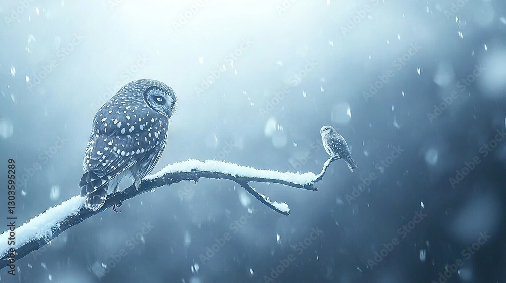 Poster an owl perched on a snowy branch with another owl sitting on a branch behind it