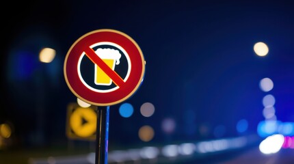 A No Drinking sign warns against alcohol use in a dimly lit, urban environment at night.