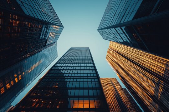 Tall skyscrapers rise into the sky