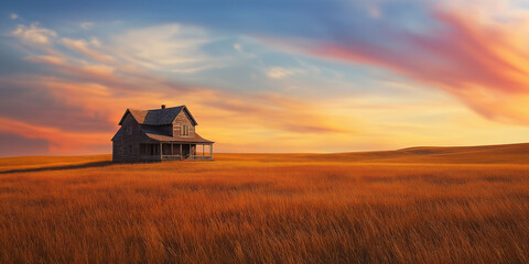 Fototapeta premium A house in the middle of an open field with brown grass, with a sunset sky 