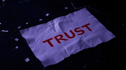 Fototapeta premium The crumpled paper with the word 'TRUST' in red letters represents the fragility and importance of belief.