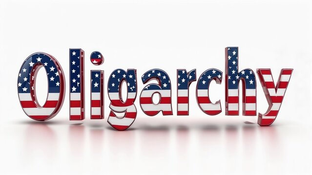 Oligarchy text displayed with American flag colors in 3D format