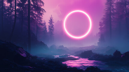 Glowing circle amidst neon vaporwave fog background retro futuristic dreamscape immersive retro wave background, glowing. vaporwave neon. illustration. Dreamscape - Forest. Illustration