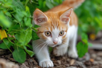 Cute orange kitten walking outside near green leaves