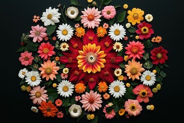 Mandala made of multicolored flowers on a black background