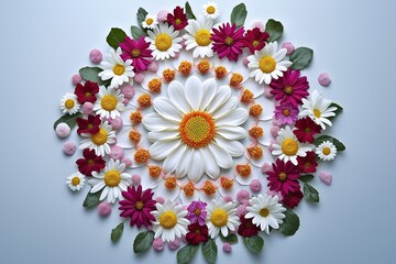 Flowers and leaves arranged in a circle on a blue background